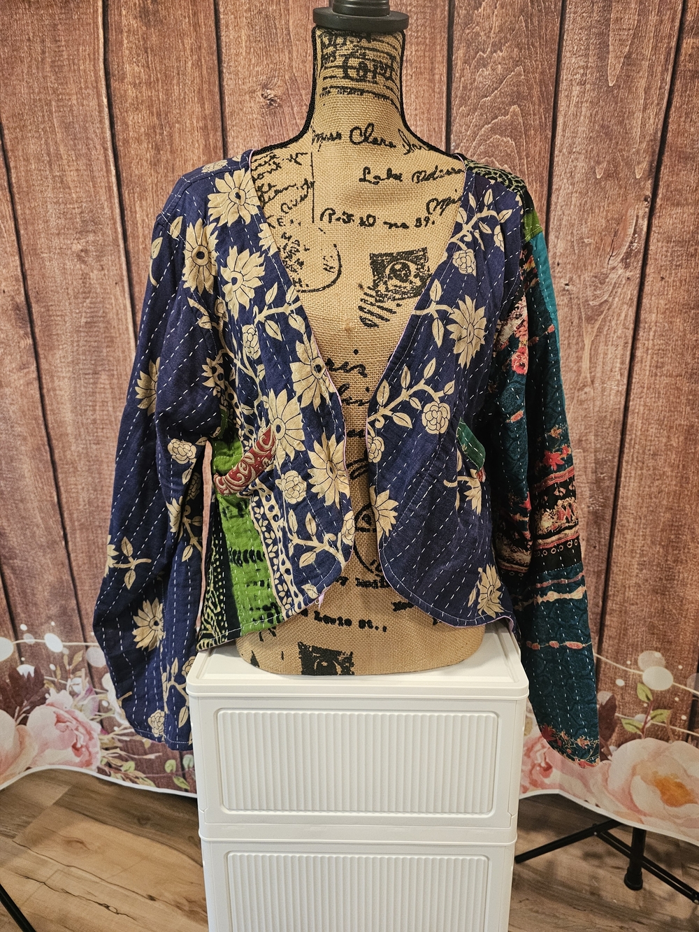 Karma Navy, Green & Teal Patchwork Floral Kantha Tux Jacket